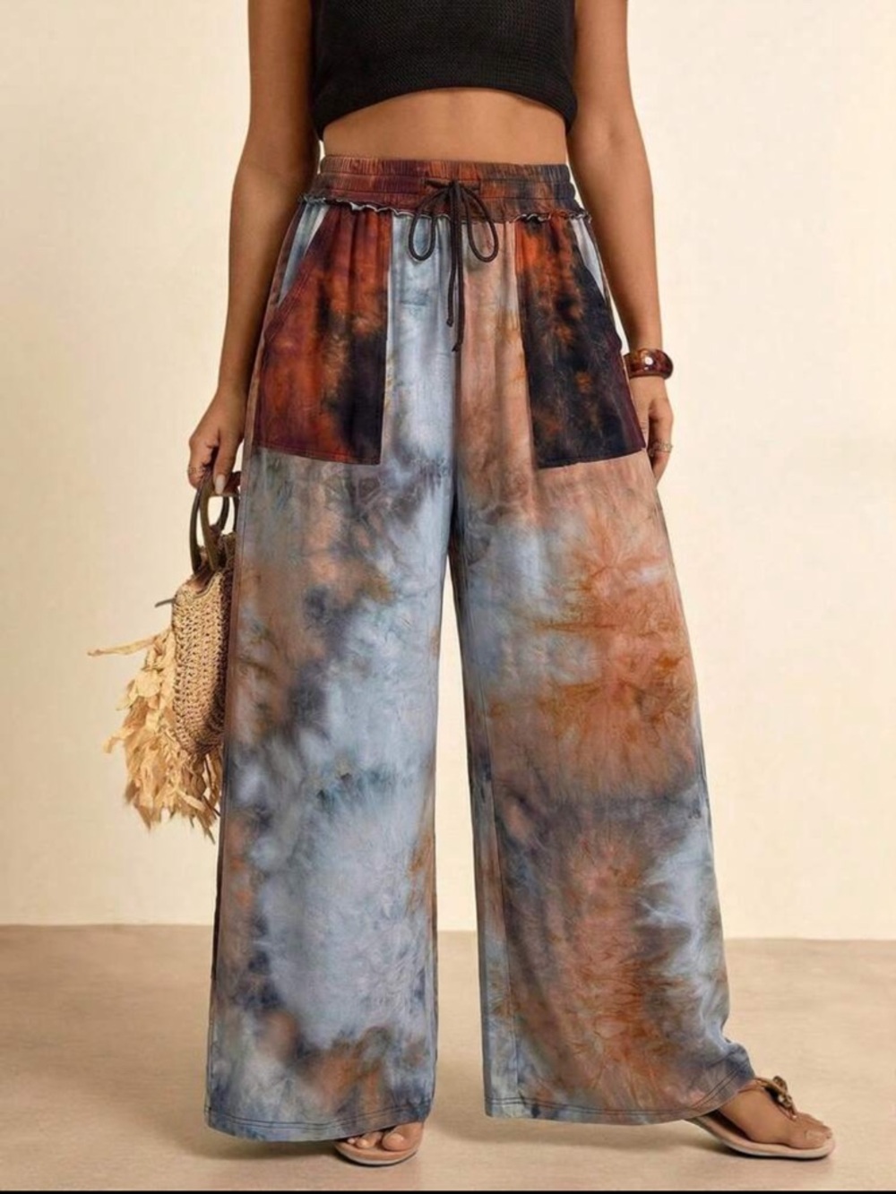 Boho Plus Size Tie-Dye Pocket Drawstring Wide Leg Pants - Multicolor